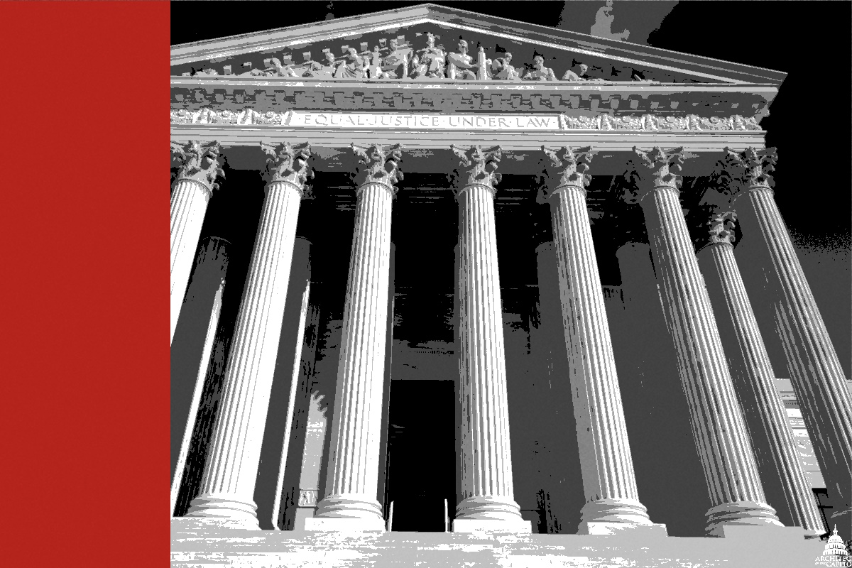 The west portico of the Supreme Court building in Washington seen from below, a row of marble Corinthian columns under a carved pediment against a dark sky, in near black and white with a flat red band down the left edge