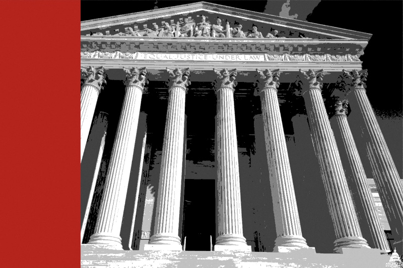 The west portico of the Supreme Court building in Washington seen from below, a row of marble Corinthian columns under a carved pediment against a dark sky, in near black and white with a flat red band down the left edge