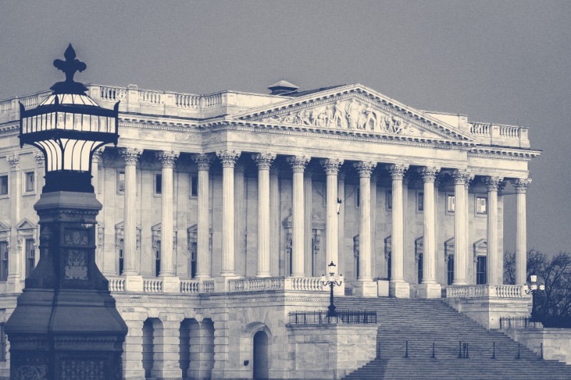 The Senate wing of the United States Capitol at dusk, a marble portico of Corinthian columns above a broad flight of steps with an ornate lamp post in the foreground, in a slate and bone duotone