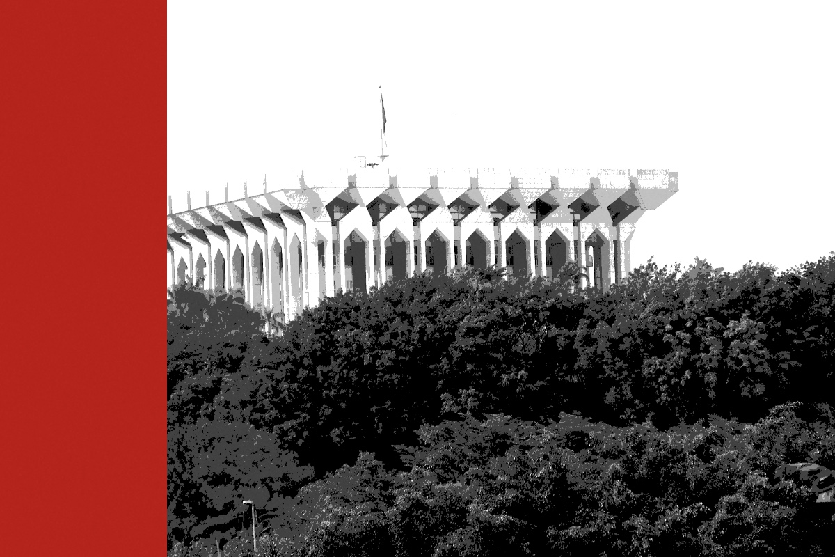 The Unity Palace in Yaoundé, a wide modernist building with a scalloped concrete canopy and a flag on its roof, seen above a dense bank of trees, a broad flat red bar down the left edge, in near black and white