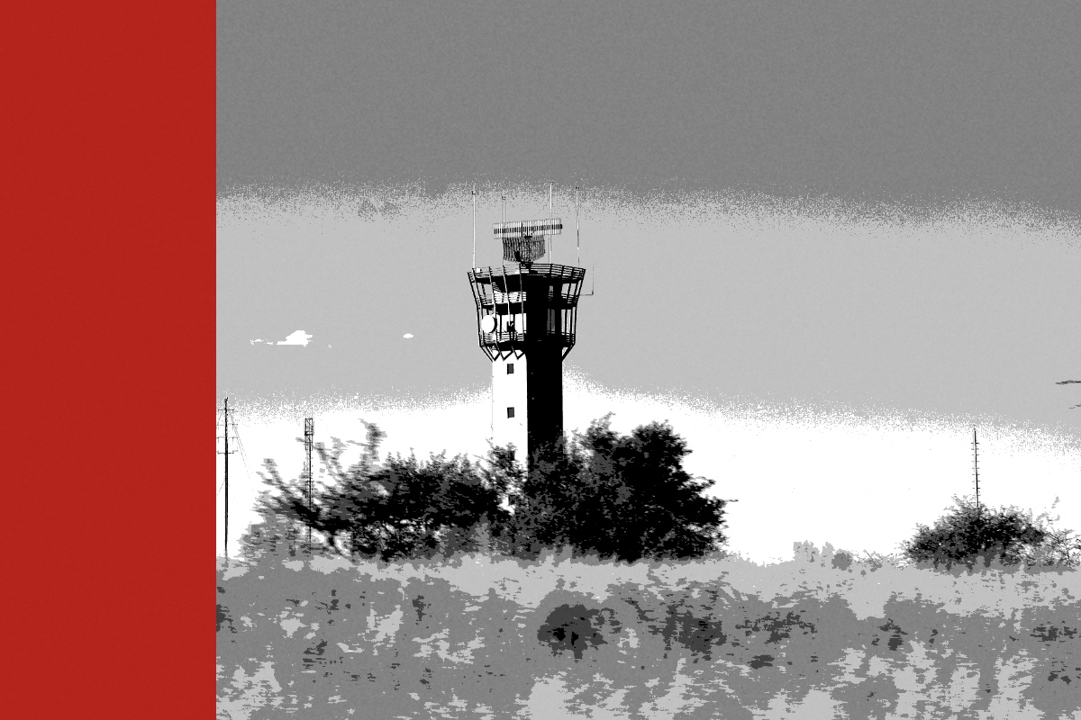 An airport radar and control tower above open grass, banded in the house treatment