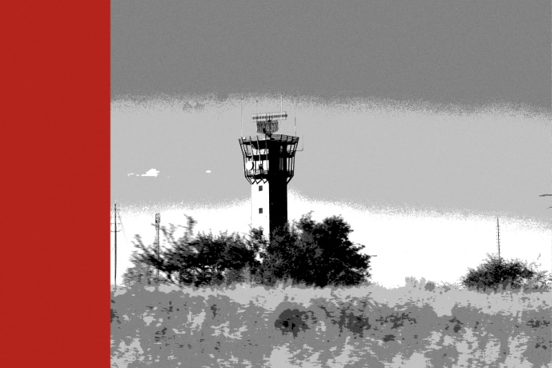 An airport radar and control tower above open grass, banded in the house treatment