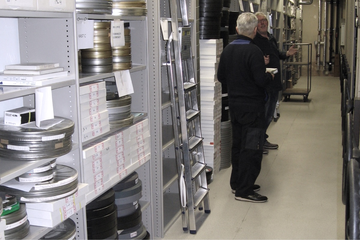 Shelves of film cans in an archive store