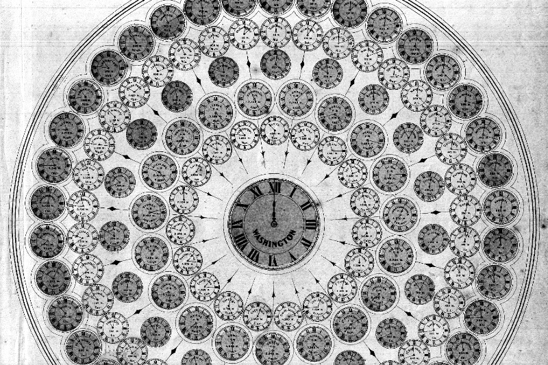 An 1866 diagram of clock faces showing the time in cities worldwide relative to Washington