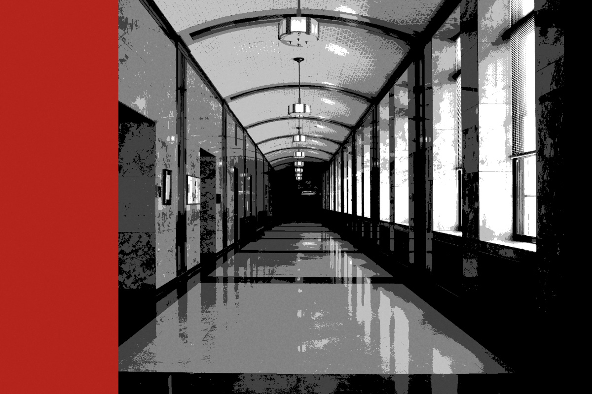 The corridor of a United States courthouse, banded in the house treatment