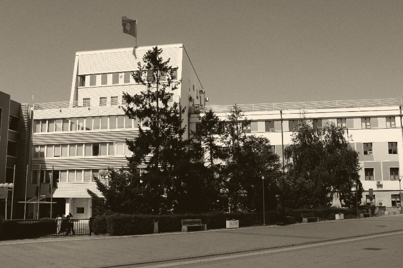 The Assembly of the Republic of Kosovo in Pristina, a pale multi-storey building with a flag on its roof behind a line of trees, in an ink and bone duotone