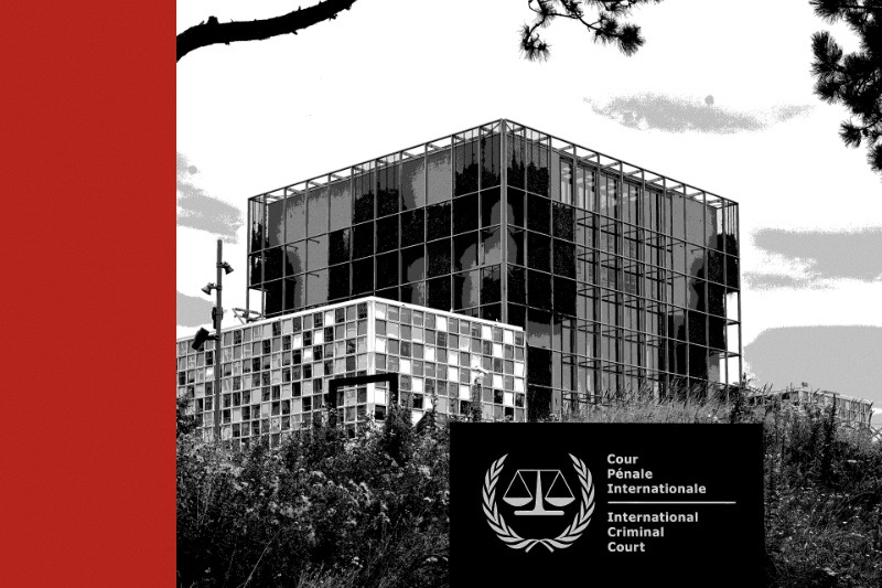 The International Criminal Court building in The Hague, a glass and steel tower above a low gridded block, with the court’s sign in the foreground, in near black and white with a flat red band down the left edge