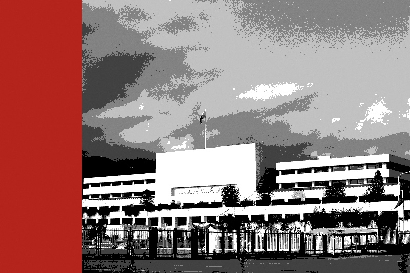 Parliament House in Islamabad, a white modernist block with a flag on the roof behind an iron fence, under heavy clouds, in near black and white with a flat red band down the left edge