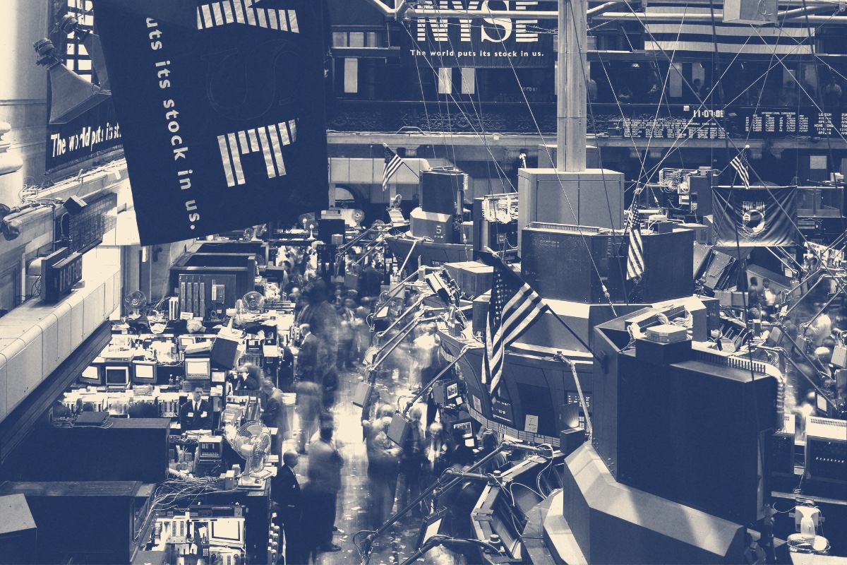 The trading floor of the New York Stock Exchange, in a slate and bone duotone