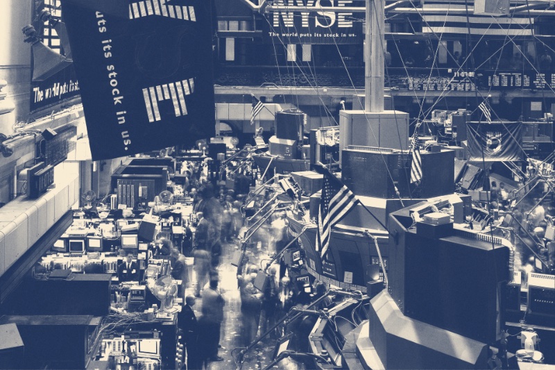 The trading floor of the New York Stock Exchange, in a slate and bone duotone