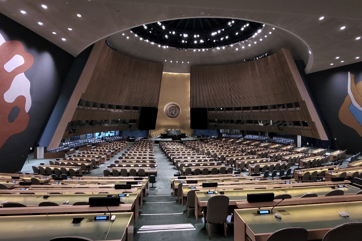 The empty hall of the United Nations General Assembly