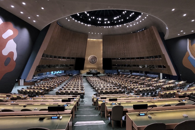 The empty hall of the United Nations General Assembly