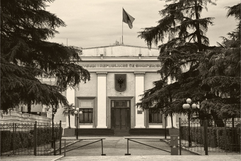 The National Assembly building in Tirana seen through its iron gates, a pale columned entrance with the Albanian flag on the roof and tall cedars on either side, in an ink and bone duotone