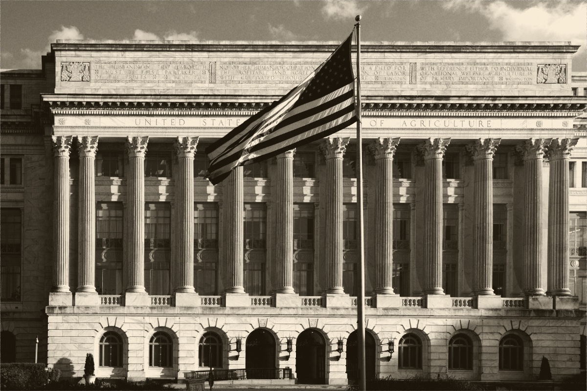 The Jamie L. Whitten Building in Washington, a long marble facade of tall columns behind an American flag on a pole, in a dark ink and bone duotone