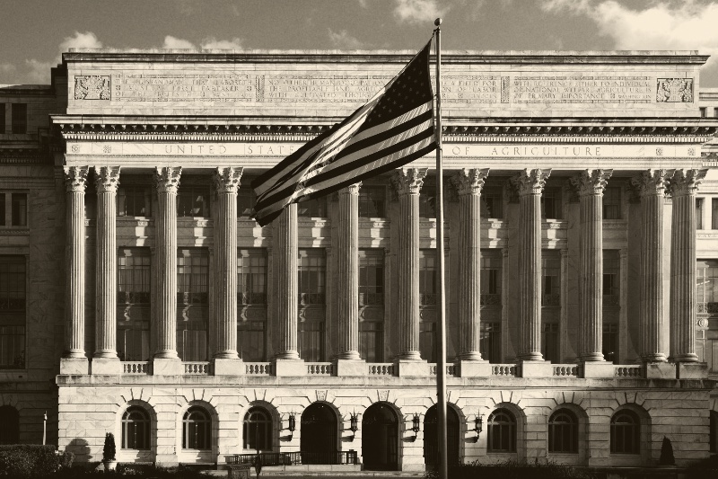 The Jamie L. Whitten Building in Washington, a long marble facade of tall columns behind an American flag on a pole, in a dark ink and bone duotone
