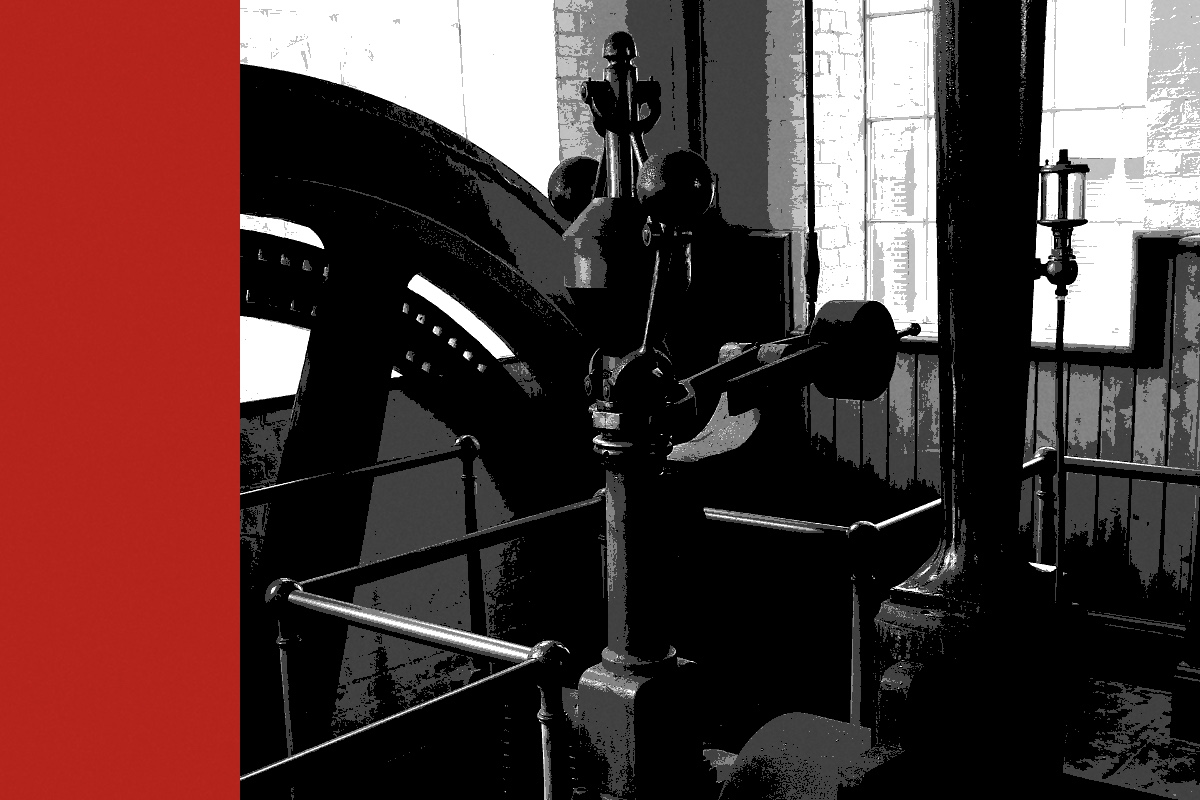 The flywheel and governor of a beam engine, banded in the house treatment