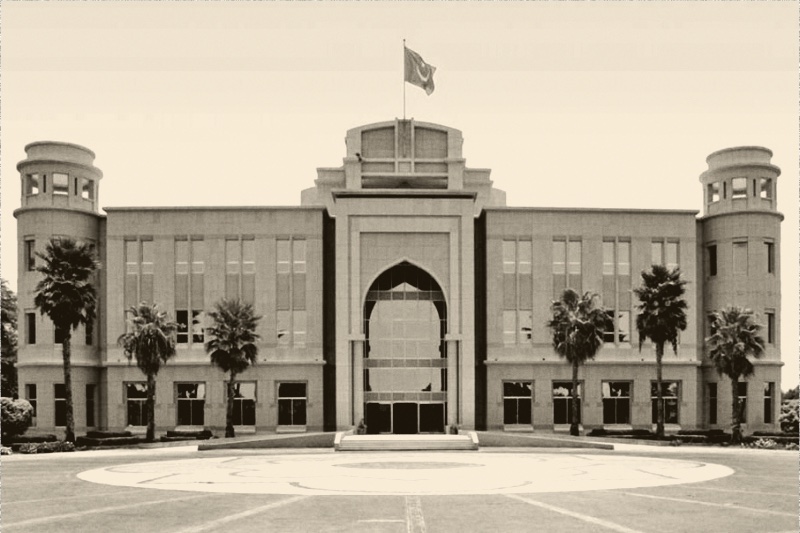 The presidential palace in Nouakchott, a pale stone building with two round corner towers and a central arched entrance, set behind a wide paved forecourt with palm trees and a flag on the roof, in an ink and bone duotone