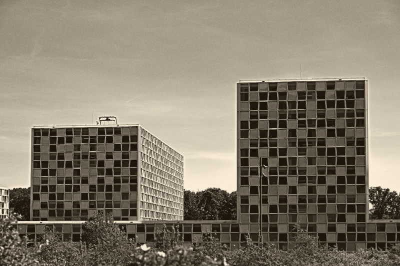The International Criminal Court building in The Hague seen from across a green bank, two blocks of chequered glass panels rising above a low connecting wing under a clear blue sky, in an ink and bone duotone