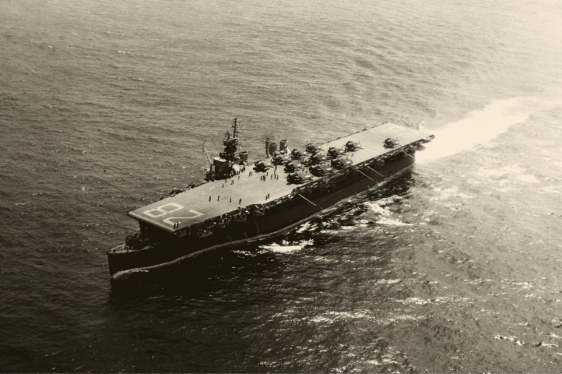 An aircraft carrier under way at sea seen from the air, in a warm duotone