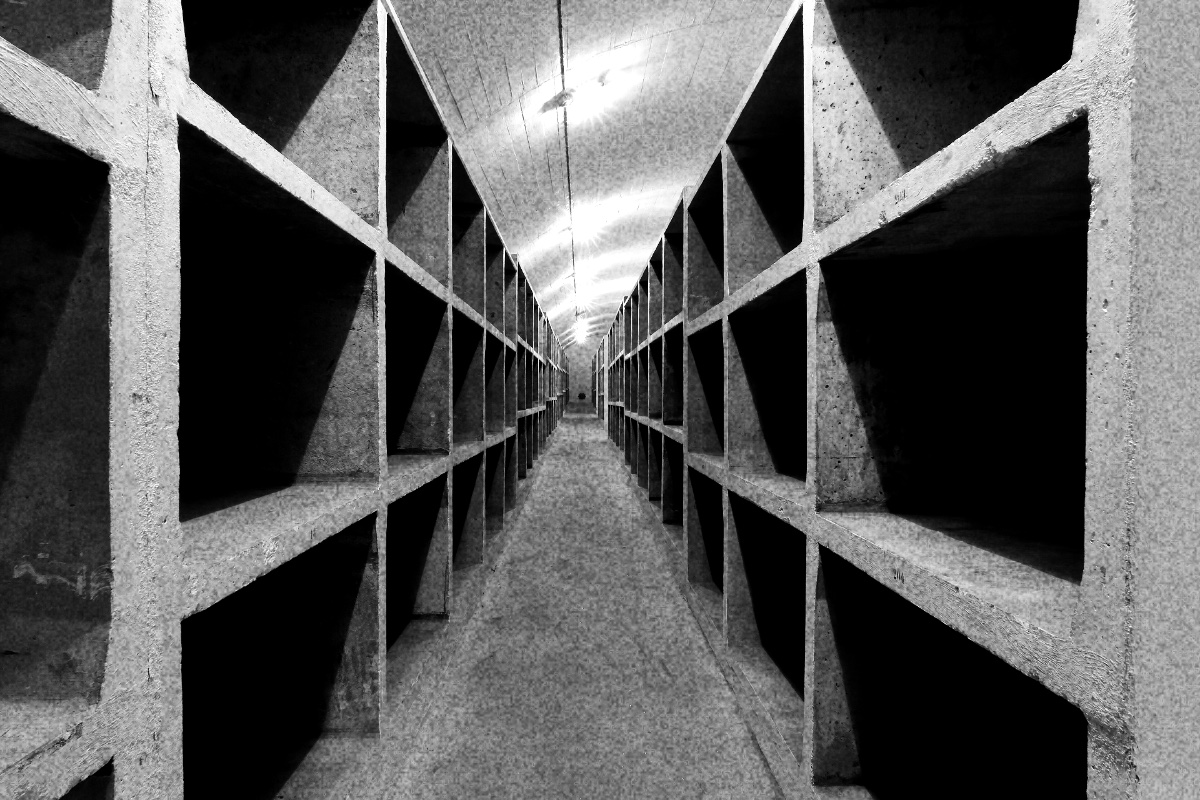 The interior of an ammunition magazine, in high contrast black and white with coarse grain