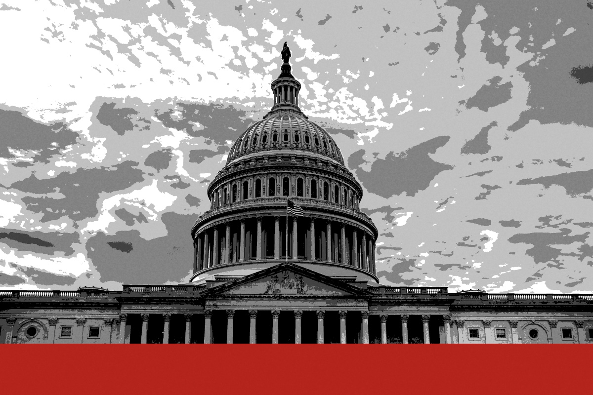 The dome of the United States Capitol under a broken sky, in near black and white with a flat red band along the foot of the frame