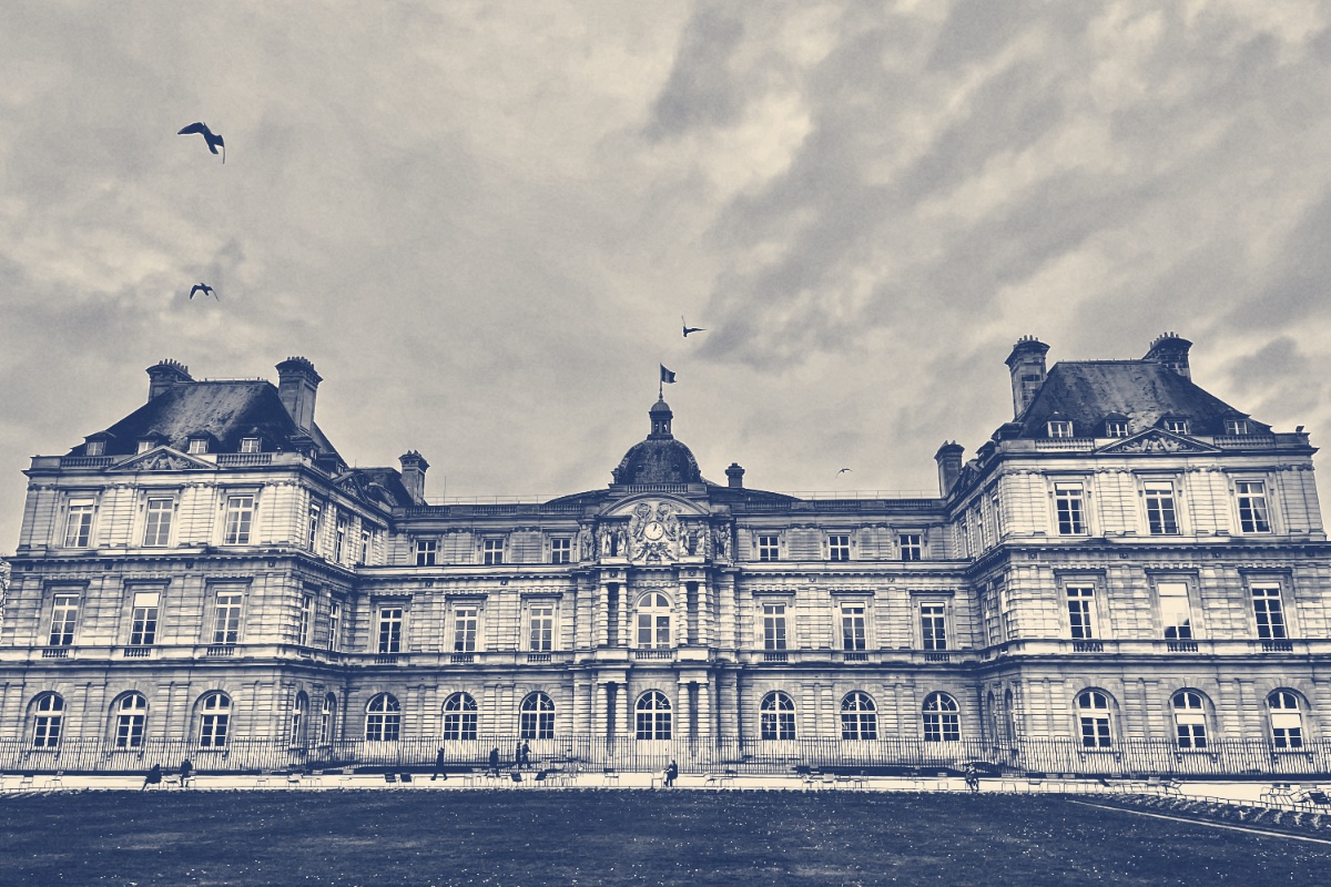 The facade of the Luxembourg Palace in Paris, seat of the French Senate, across an empty lawn under a clouded sky with birds overhead, in a slate and bone duotone