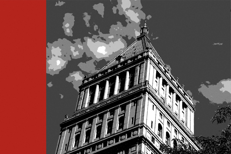 The gilded pyramid roof and colonnaded tower of the Thurgood Marshall courthouse in Manhattan against the sky, in near black and white with a flat red bar down the left edge of the frame