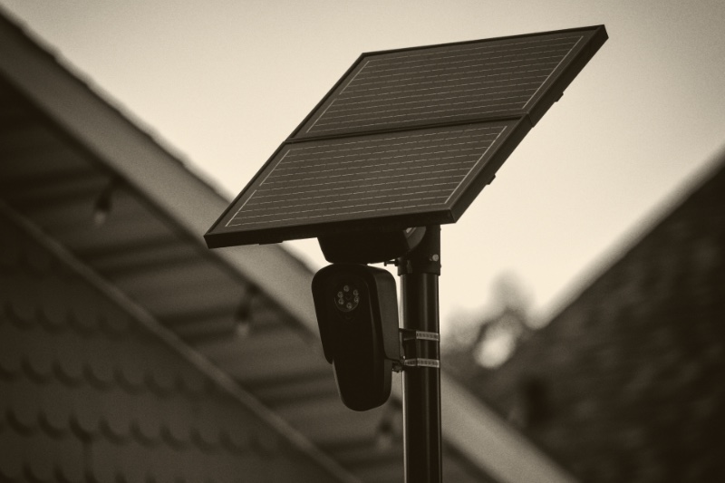 A licence-plate reader camera on a pole beneath a solar panel, roofs behind it, in an ink and bone duotone