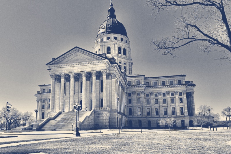 The Kansas State Capitol in Topeka under a clear sky, its columned portico and dome above a lawn, bare trees at either side, in a slate and bone duotone