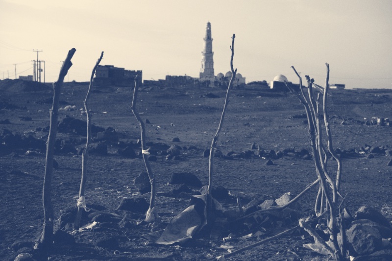 The minaret of the old mosque at Mokha rising beyond stony open ground, bare stakes and scattered litter in the foreground, in a slate and bone duotone